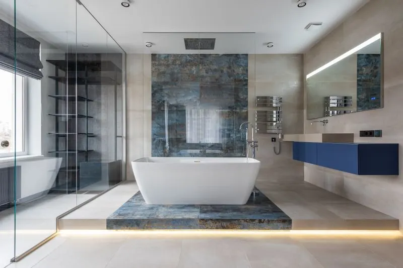 Bathtub installation — a newly set bathtub during a bathroom remodel